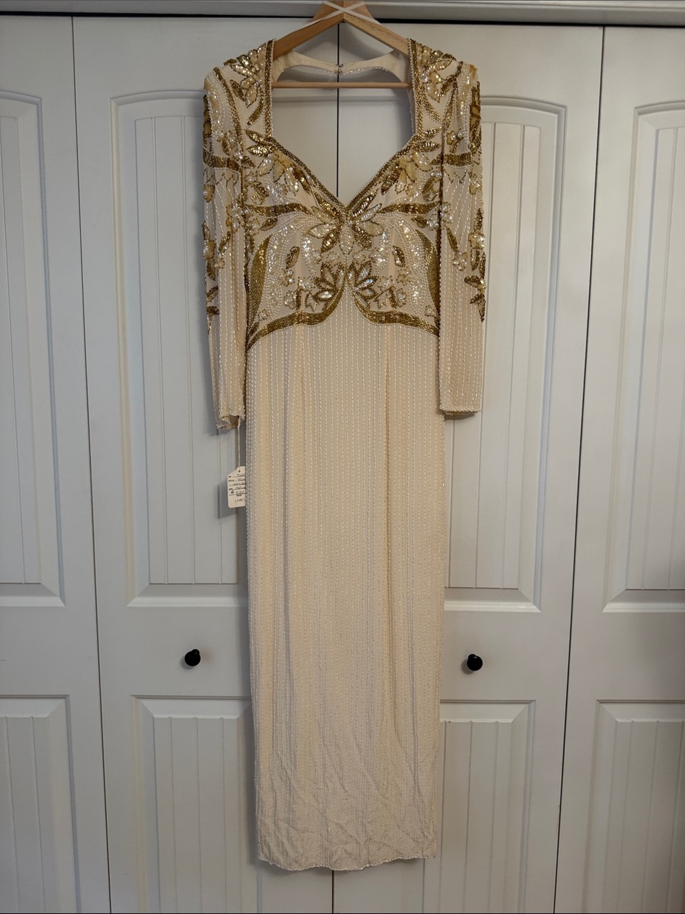 70s style Sho Max Cream and Gold Beaded Long Sleeve Evening Gown- FABULOUS
